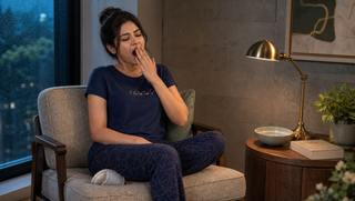 Synthetic South Asian woman in navy Sweet Dreams-style pyjama set yawning in a rain-blue reading corner, illustrating how yawning can signal the brain's need for cooler air.