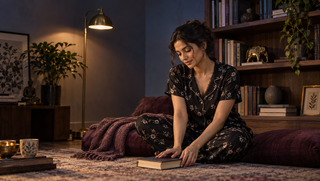 Synthetic South Asian woman in black floral pyjamas closing a book in a warm reading corner at night