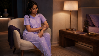 Synthetic Indian woman in a lavender Sweet Dreams-style BambooSoft bunny pyjama set seated in a lamplit bedroom reading corner, illustrating how the body may still be bracing at bedtime.
