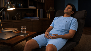Synthetic Indian man in a sky blue Sweet Dreams-style Urban Grid Shorts Set reclining in a study lounge, illustrating how the brain clears waste during sleep.