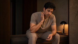 Synthetic male subject in taupe Sweet Dreams henley pyjama set seated forward on a walnut bench in amber lamplight, releasing jaw tension before sleep