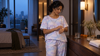Synthetic Indian woman in CottonEase Chill Cloud Coord Set during an overnight skin-care ritual