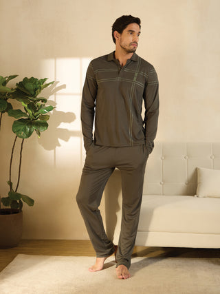 Men's charcoal grey long-sleeve polo and pants pajama set with subtle plaid print.
