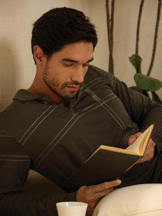 Men's charcoal grey long-sleeve sleep shirt with a subtle stripe print.