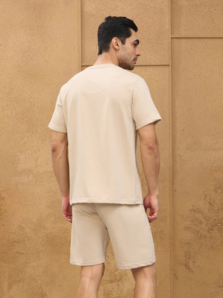 Men's beige shorts and t-shirt set, plain.