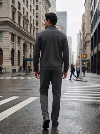 Men walking in a dark gray sweatshirt and pants set.