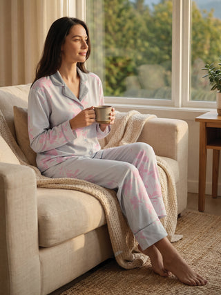 A woman sits on a couch in light blue pajama pants with a pink floral print and a matching pajama top, holding a mug.