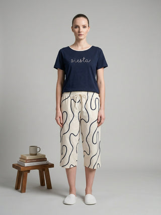 Wavy Print Round Neck Tee Capri Set - Navy