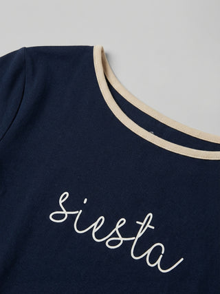 Wavy Print Round Neck Tee Capri Set - Navy