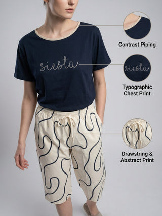 Wavy Print Round Neck Tee Capri Set - Navy