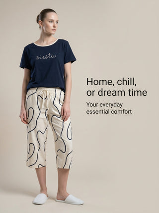 Wavy Print Round Neck Tee Capri Set - Navy