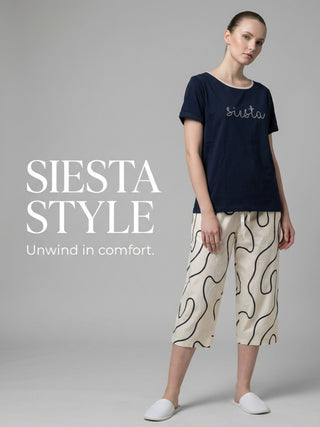 Wavy Print Round Neck Tee Capri Set - Navy