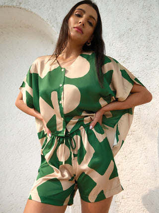 Organic Abstract Kaftan Shorts Set - Green