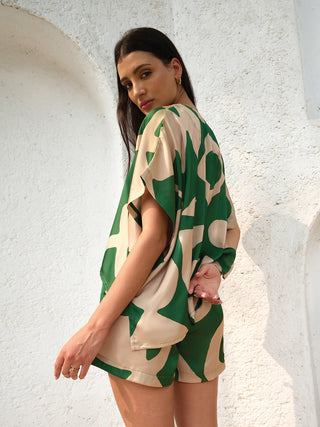 Organic Abstract Kaftan Shorts Set - Green