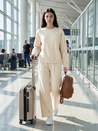 A woman walks with a suitcase and backpack, wearing a beige crewneck sweatshirt and wide-leg pants.