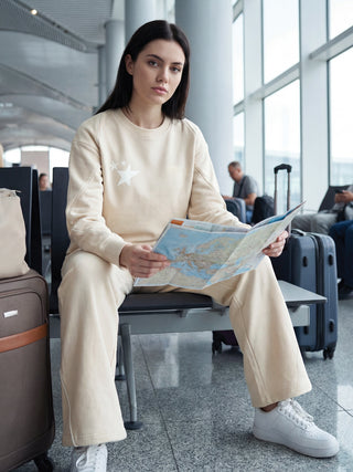 A woman is sitting on a bench in an airport, looking at a map, wearing a beige sweatshirt with star prints and matching beige pants.