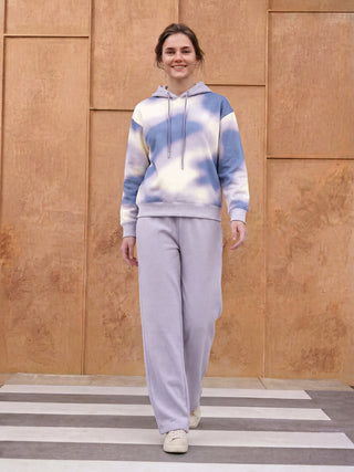 Women's light purple tie-dye hoodie and matching pants.