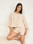 Daisy Heart Button Down Shorts Set - Beach Sand