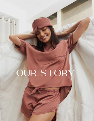 a smiling woman wearing brandy brown short night dress