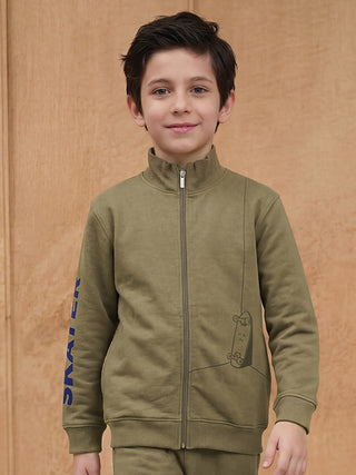 Boys in a studio shot wear a green zip-up sweatshirt with a skateboard print, with "SKATER" text on the sleeve.