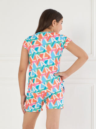 Girls' matching sleep set featuring a colorful "Lazy" text print with a different color palette.