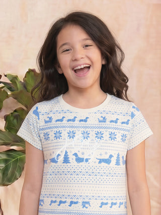 GIRLS white short-sleeve pajamas with a festive blue dachshund and snowflake print.