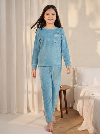 GIRLS light blue velour pajama set with embroidered floral detail.