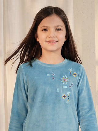 VelourLuxe Floral Embroidered Round Neck Pyjama Set - Marine Blue