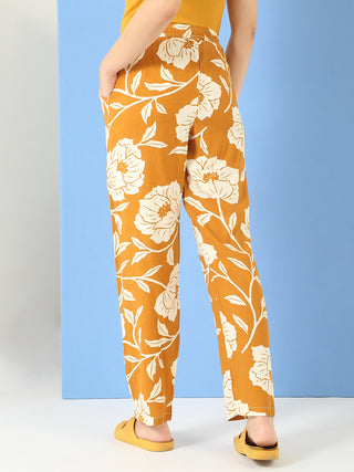 Women's floral printed mustard yellow wide-leg sleepwear pants.