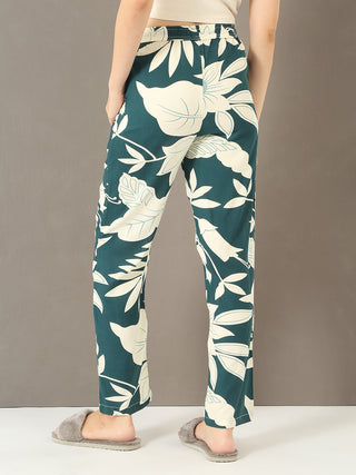 Women's teal floral print wide-leg pajamas, viewed from the back.