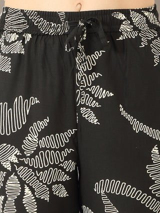 Women's black printed sleepwear shorts with a drawstring waist.