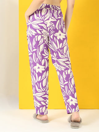 Women's purple floral print pajama pants, full shot, relaxed fit.