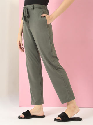 Women's grey solid colored, high-waisted, tie-waist pants.