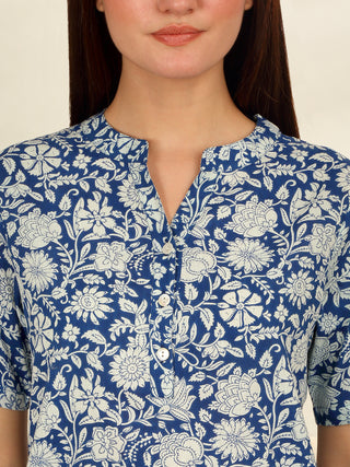 Women's blue and white floral print kurta sleep shirt.