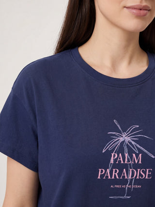 Women's navy blue t-shirt with a pink palm tree and "Palm Paradise" graphic, suitable for sleepwear.
