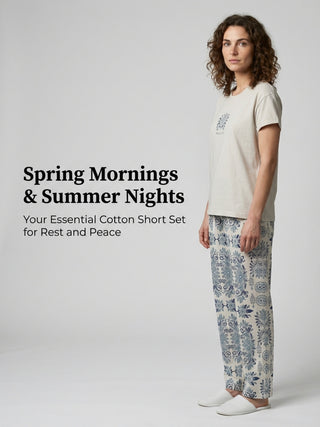 A woman stands facing left, wearing a light beige short-sleeve t-shirt with a blue floral graphic and the word "PEACE" below it, and matching light beige pajama pants with an intricate blue paisley print.
