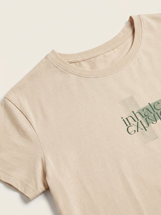 Women's tan crew neck t-shirt with "inhale exhale" graphic print.