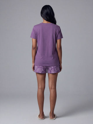 Women's purple pajama set with a printed shorts.