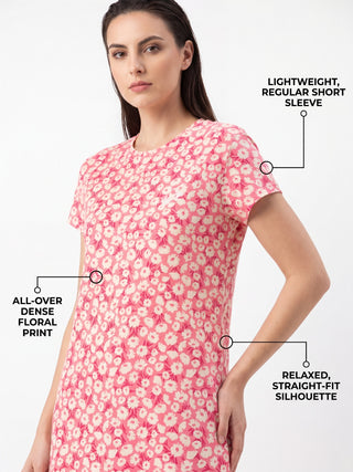 Women's pink floral print short sleeve sleep dress.