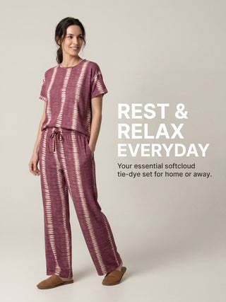 A woman poses in a burgundy tie-dye pajama set, with the text "REST & RELAX EVERYDAY" overlayed.