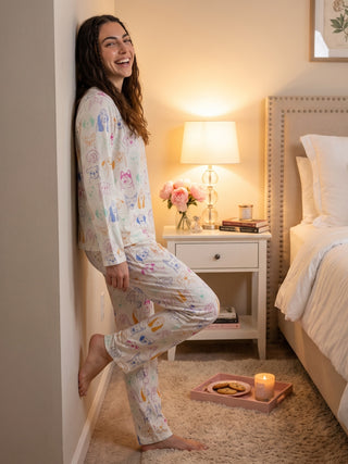 A woman in white pajamas with a colorful dog print is leaning against a wall, smiling.