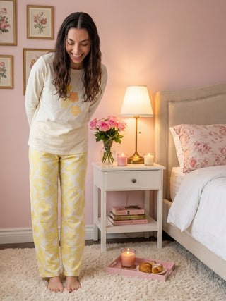 Woman in cream long-sleeved pajamas with yellow floral print pants, smiling and looking down.