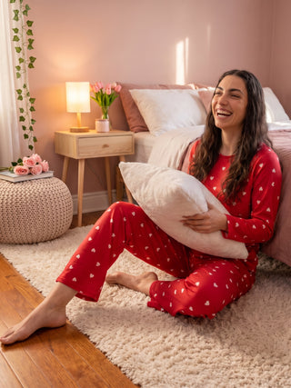 A woman in red heart-print pajamas sits cross-legged on a fluffy rug, holding a pillow.