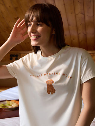 Women's cream cotton t-shirt with "Poodle Morning Mood" text and a poodle graphic.