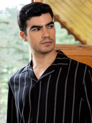 Men's black and white pinstripe short-sleeve pajama shirt.