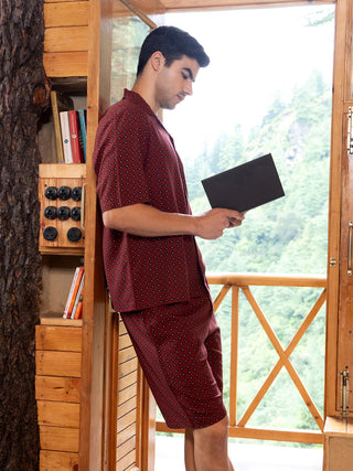 Men's maroon printed pajama set.