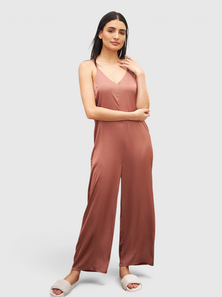 Sweet Dreams brandy brown satin V-neck cami and palazzo lounge set worn by a model in a regular fit.