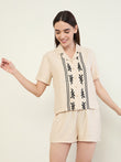 Botanical Motif Button Down Shorts Set - Beach Sand