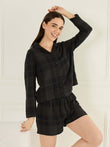 Dark Plaid Button Down Shorts Set - Black