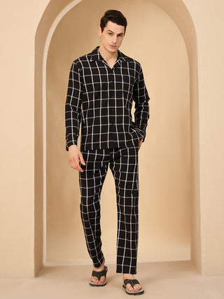 Grid Check Button Down Pyjama Set - Black